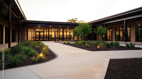 A courtyard with a path leading to a building. The path is lined with trees and bushes. The courtyard is lit by lights and has a peaceful, serene atmosphere
