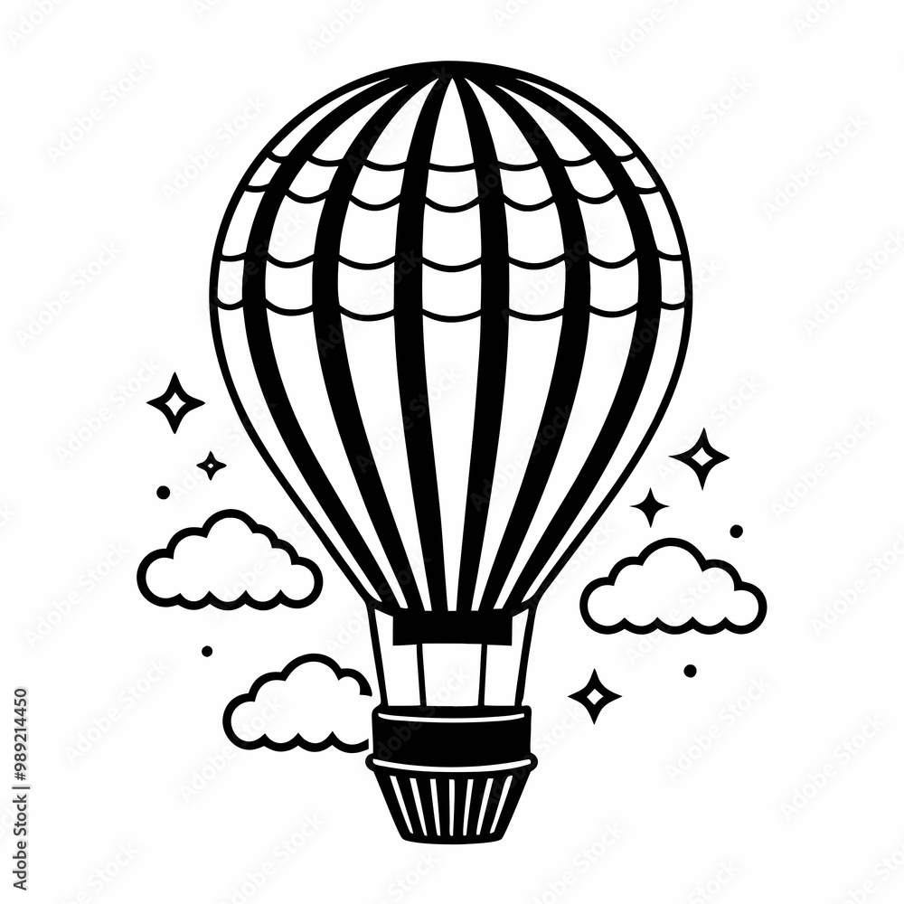 Naklejka premium Black and white hot air balloon flying against white clouds with copy space