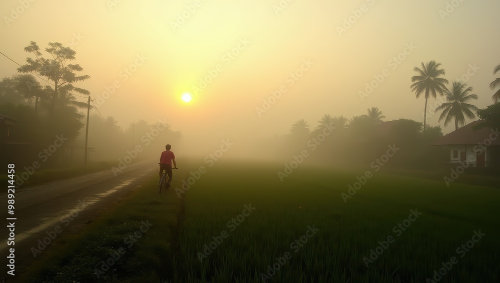 Silhouette of a Cyclist in Foggy Sunrise Silhouette of a Cyclist in Foggy Sunrise