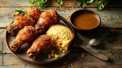 Fried chicken drumsticks with cornbread and gravy