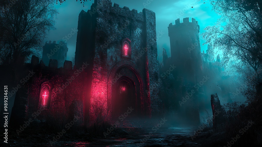 Neon banners glowing brightly, fluttering atop eerie dark castle picture Neon banners glowing brightly, fluttering atop eerie dark castle picture