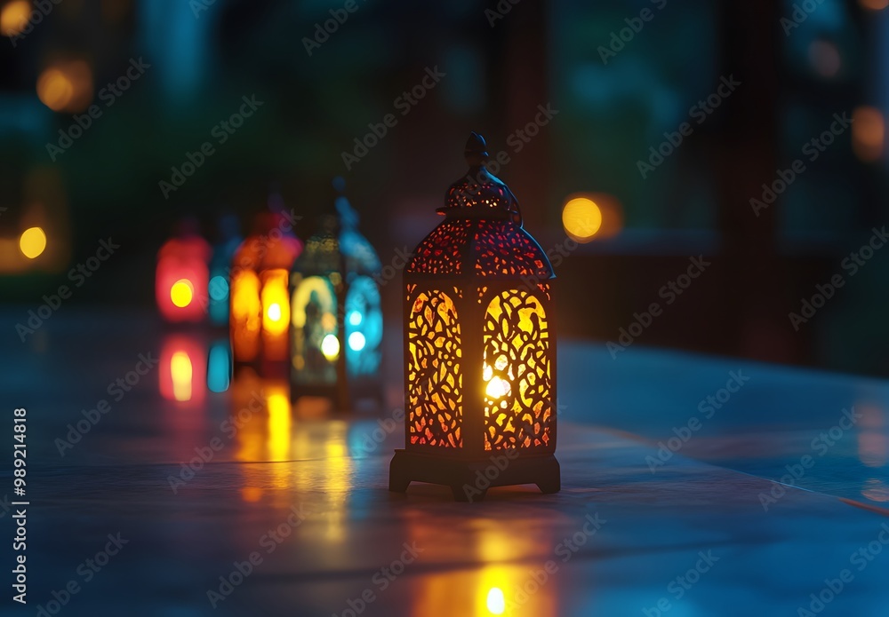Fototapeta premium Ramadan Lanterns Glowing On Tabletop