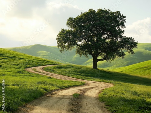 tree in the countryside, standing tall amidst rolling green hills and a dirt road winding nearby