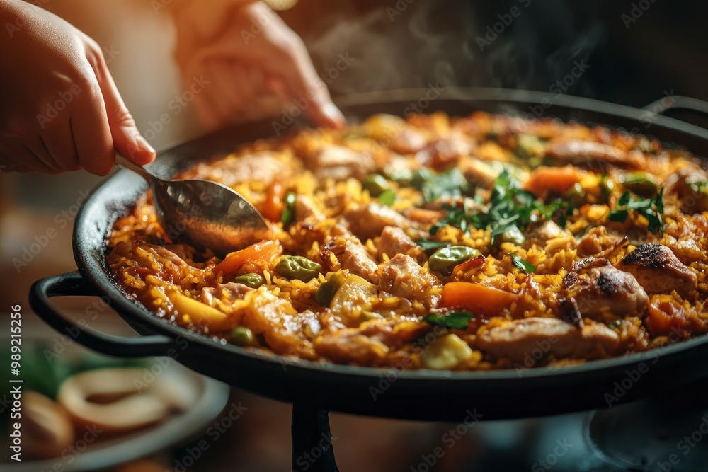 Female hands serving a delicious paella in a beautiful plate Female hands serving a delicious paella in a beautiful plate