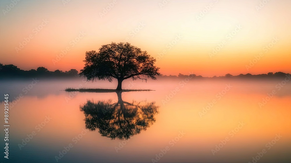 tree reflecting in a calm lake at sunrise, with soft orange and pink hues in the sky, creating a serene and peaceful scene tree reflecting in a calm lake at sunrise, with soft orange and pink hues in the sky, creating a serene and peaceful scene