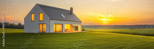 A small two-story house with panoramic windows, white walls, and a gray roof stands on the green lawn against the background of a sunset sky photo