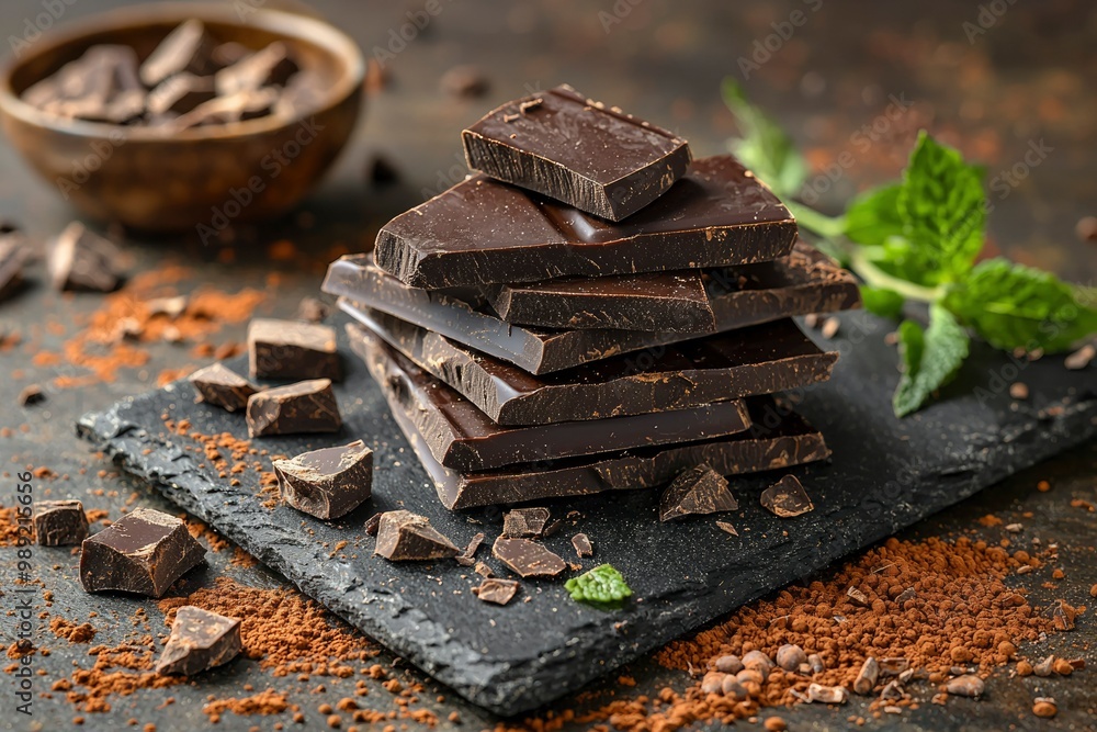 Stack of Dark Chocolate Pieces on a Black Slate Plate Stack of Dark Chocolate Pieces on a Black Slate Plate