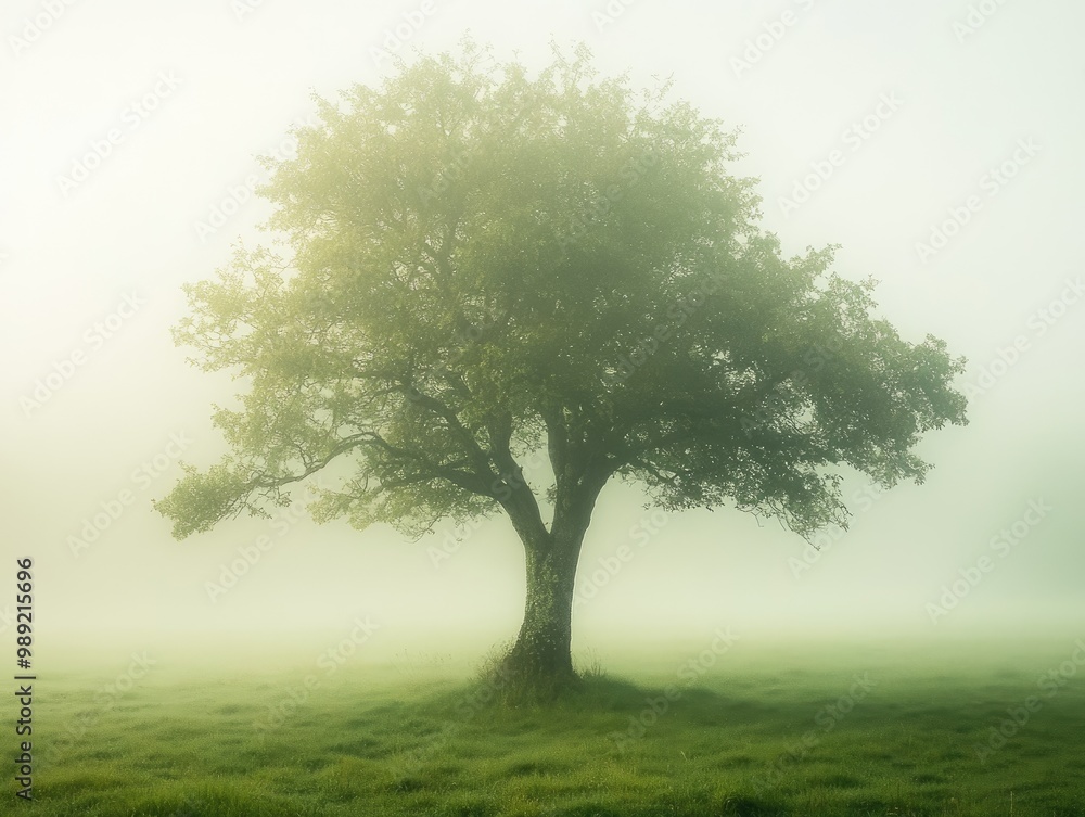 tree shrouded in morning mist, with soft light filtering through the haze in a quiet countryside setting tree shrouded in morning mist, with soft light filtering through the haze in a quiet countryside setting