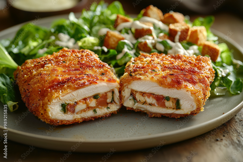 Fried chicken fillet with Caesar salad Fried chicken fillet with Caesar salad