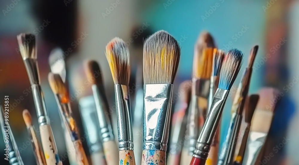 Fototapeta premium A collection of paintbrushes in various sizes and shapes, with one brush standing out as the focal point. 