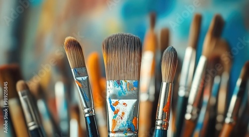  A collection of paintbrushes in various sizes and shapes, with one brush standing out as the focal point. 