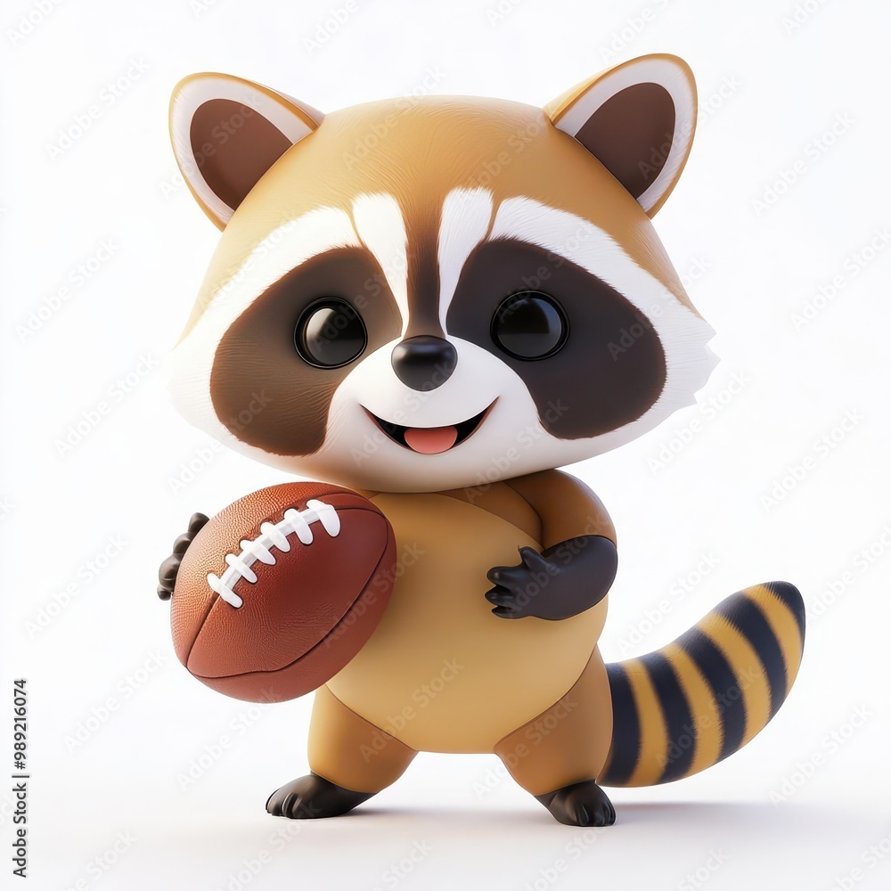 Obraz premium A kawaii 3D raccoon holding a football and smiling, isolated on white