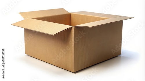 Brown cardboard box resting on a white background with its top flaps open