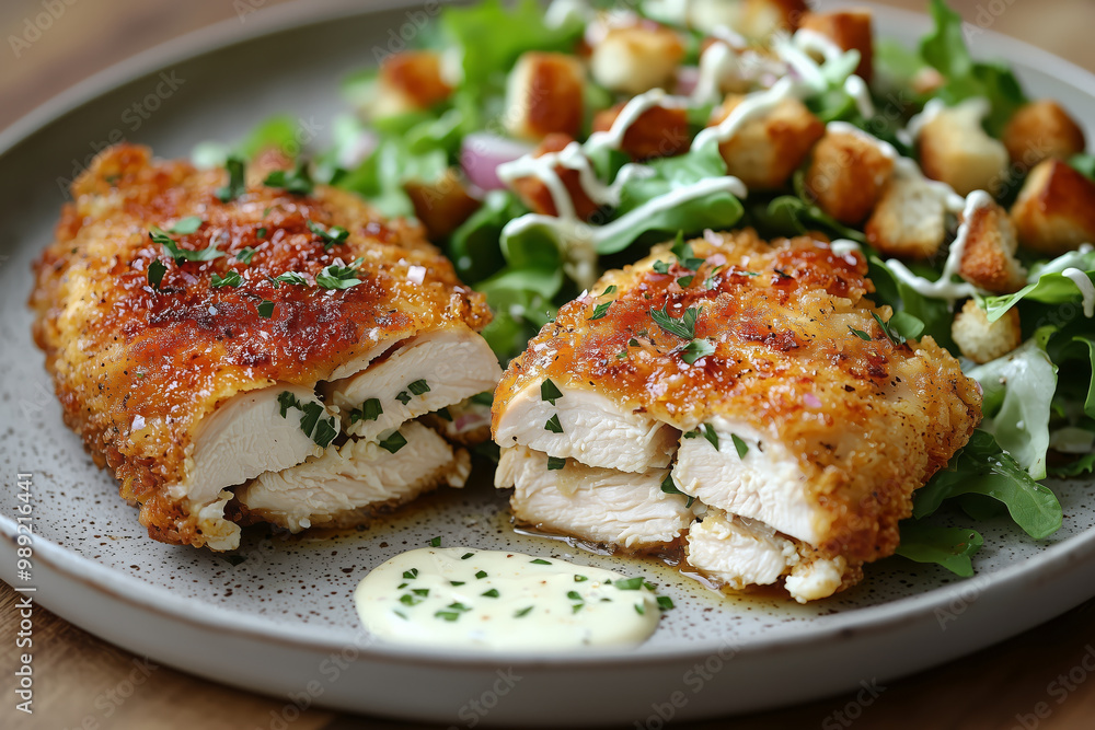 Fried chicken fillet with Caesar salad Fried chicken fillet with Caesar salad