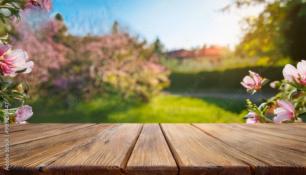 Tabletop against the backdrop of a home garden with flowers Tabletop against the backdrop of a home garden with flowers
