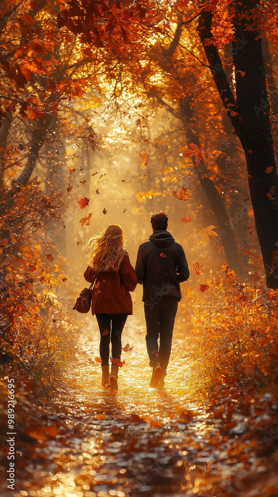 Couple walks through autumn forest, leaves falling around them. Couple walks through autumn forest, leaves falling around them.
