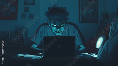 Internet troll - online troll in a dusky bedroom angrily focused on writing hateful comments. Troll. Illustration