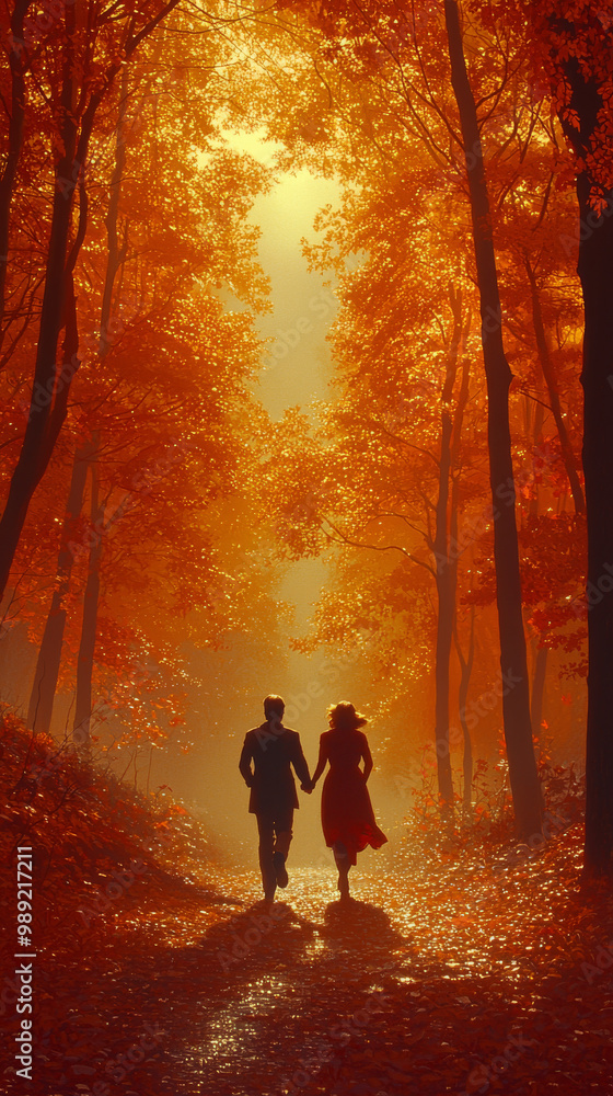 A couple walks hand-in-hand through a magical autumn forest. A couple walks hand-in-hand through a magical autumn forest.