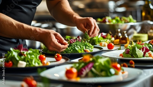 Gourmet salad creation by professional chef in elegant restaurant kitchen showcasing culinary artistry and fine dining expertise