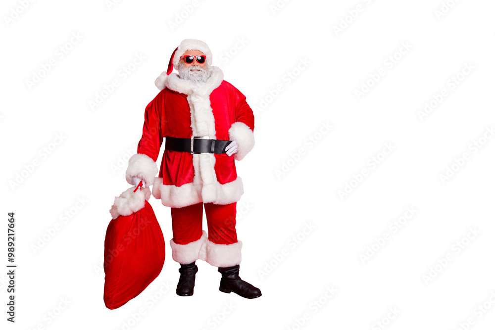 Full length body size view of his he cheerful cheery funky fat overweight plump gray-haired bearded man carrying purchase shop delivery isolated over bright vivid shine red background Full length body size view of his he cheerful cheery funky fat overweight plump gray-haired bearded man carrying purchase shop delivery isolated over bright vivid shine red background