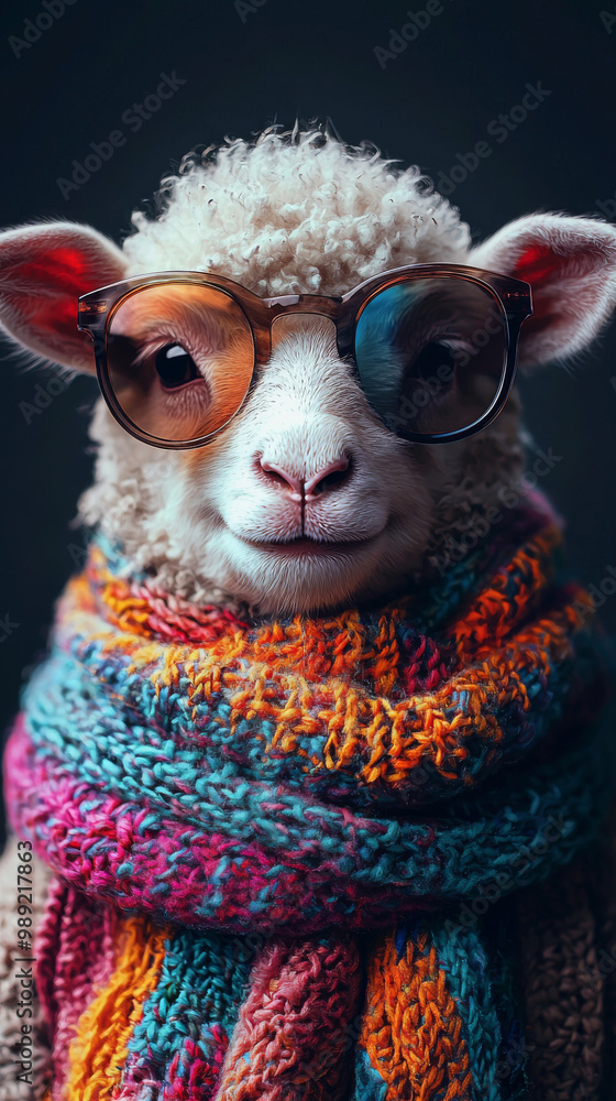 Cute lamb wearing round sunglasses and a colorful scarf. Cute lamb wearing round sunglasses and a colorful scarf.