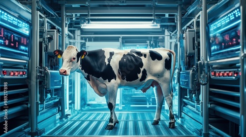 Dairy cow standing in a milking parlor with modern equipment, representing the integration of technology in dairy farming dairy cow, milking technology photo