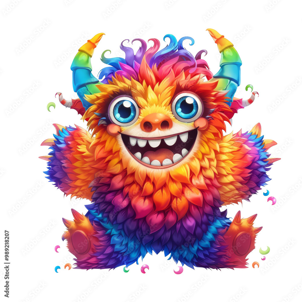 A colorful, fluffy monster with a big smile, sitting with its arms outstretched. A colorful, fluffy monster with a big smile, sitting with its arms outstretched.