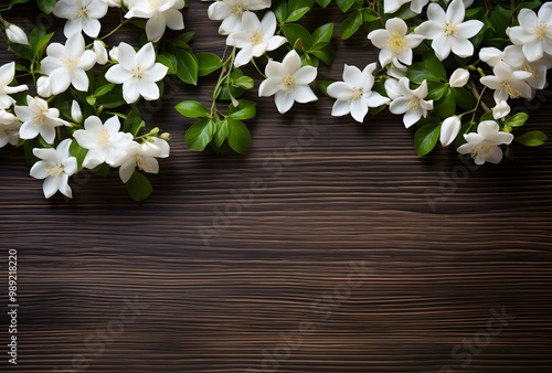 Rustic Wooden Background with Jasmine Flowers and Copy Space