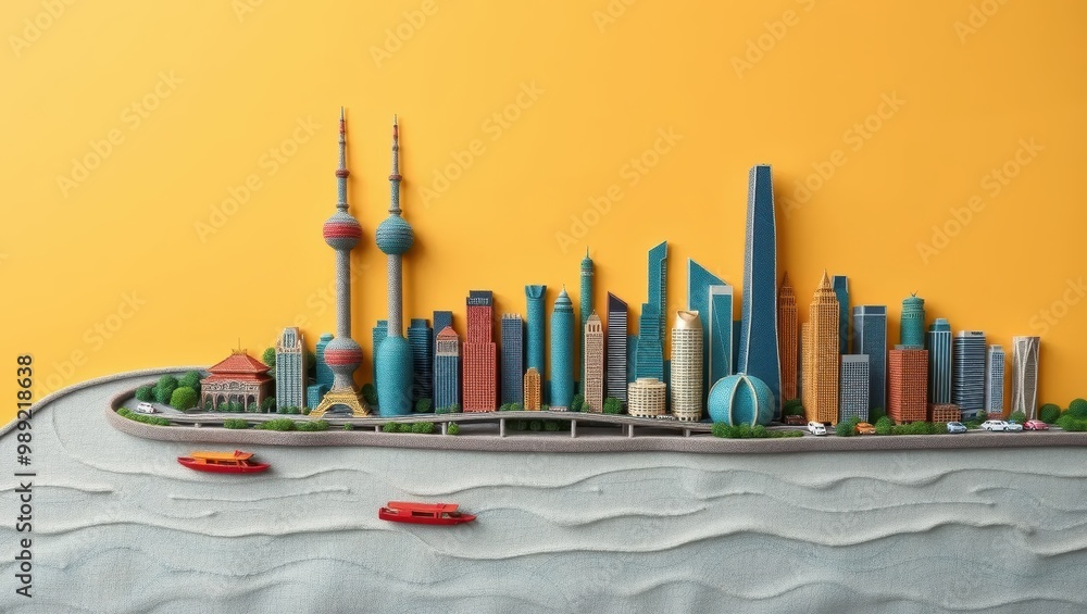 Miniature Cityscape of Shanghai Skyline on Yellow Background Miniature Cityscape of Shanghai Skyline on Yellow Background