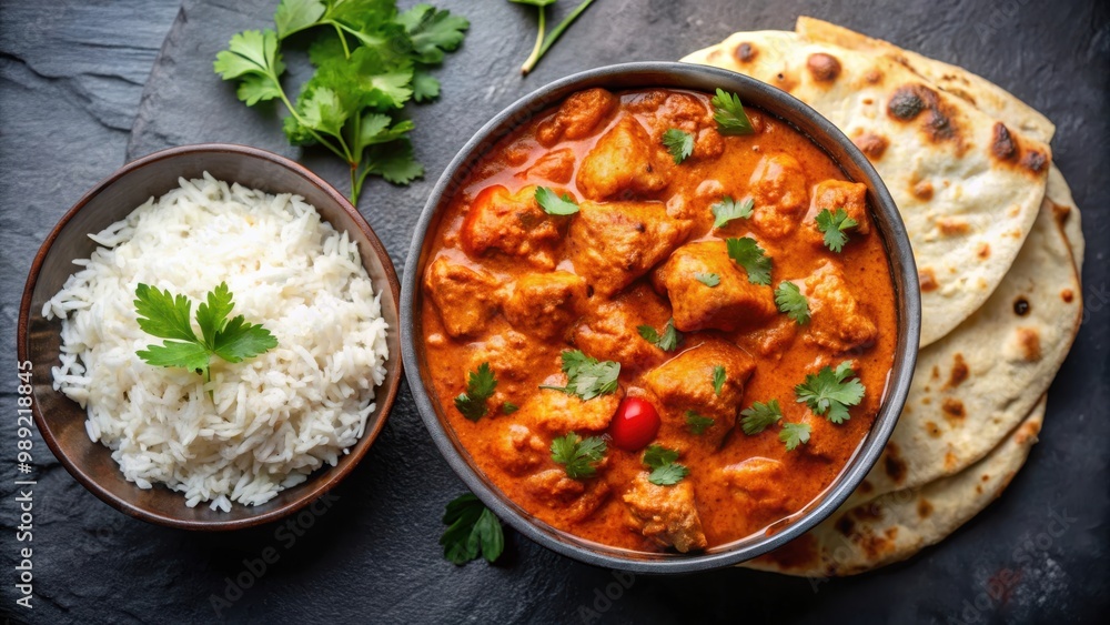 Chicken tikka masala curry served with rice and naan bread on a dark background, perfect for a spicy meal Chicken tikka masala curry served with rice and naan bread on a dark background, perfect for a spicy meal