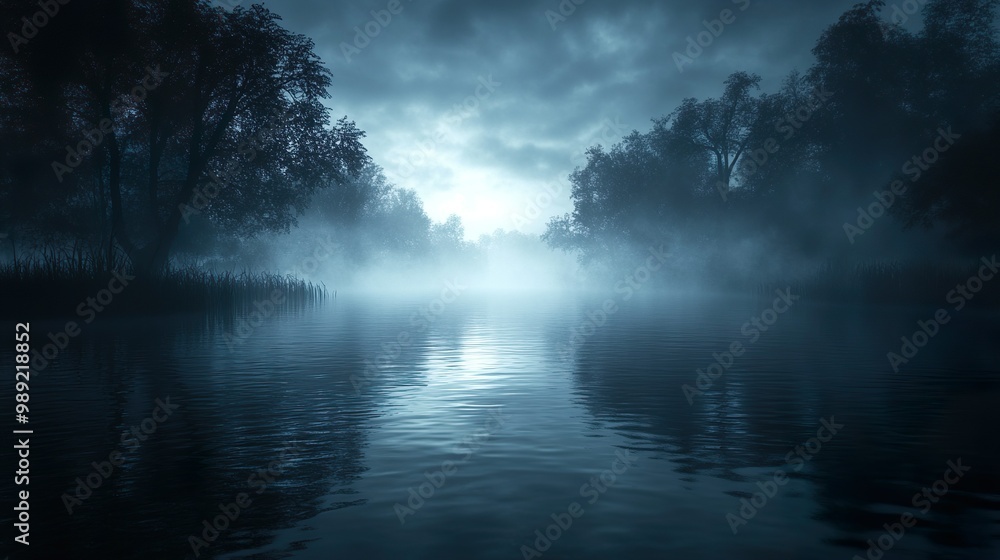 Fototapeta premium Eerie castle with glowing neon banners floating in windy night picture