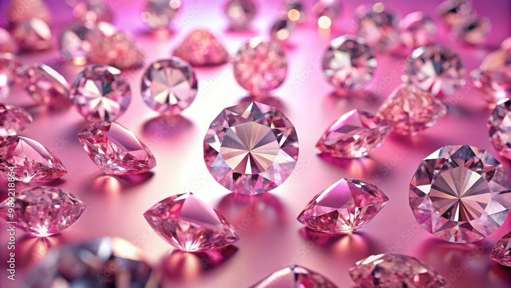 Many large sparkling pink diamonds are laying on a pink reflective surface Many large sparkling pink diamonds are laying on a pink reflective surface