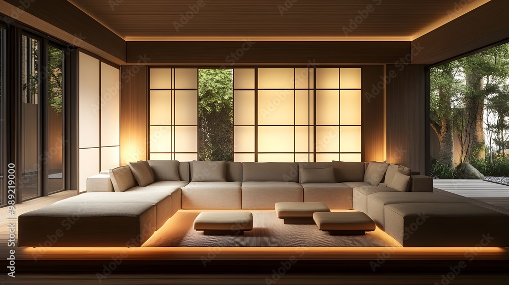 Expansive and Stylish Modern Living Area with a Harmonious Atmosphere Modular Sofa and Warm Natural Illumination Filling the Refined Minimalist Space Expansive and Stylish Modern Living Area with a Harmonious Atmosphere Modular Sofa and Warm Natural Illumination Filling the Refined Minimalist Space