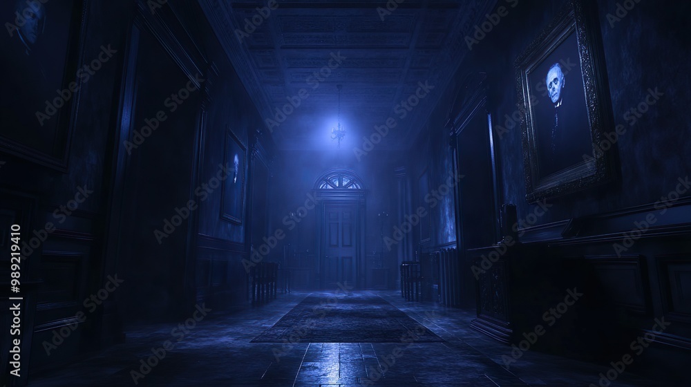 Glowing neon banners fluttering in the wind on haunted castle picture Glowing neon banners fluttering in the wind on haunted castle picture