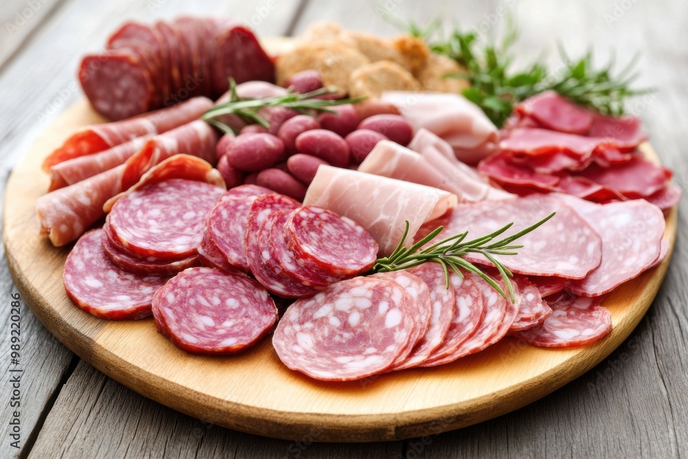Assorted cured meats platter on wooden background Assorted cured meats platter on wooden background