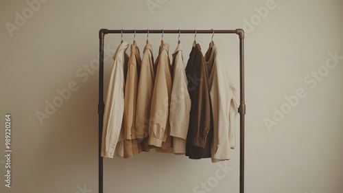 A clean, minimalist wardrobe with neatly hung clothes in neutral tones like beige, white, and black