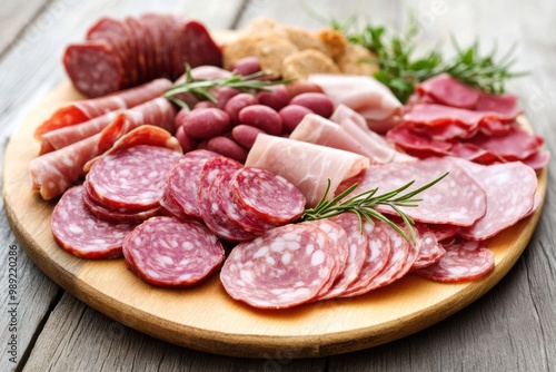 Assorted cured meats platter on wooden background