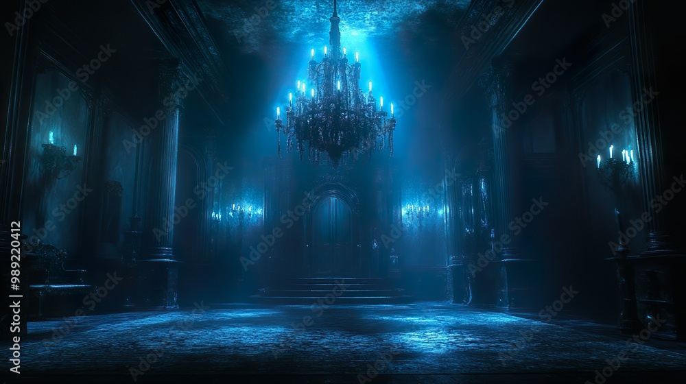 Dark castle glowing neon with banners fluttering in eerie wind picture