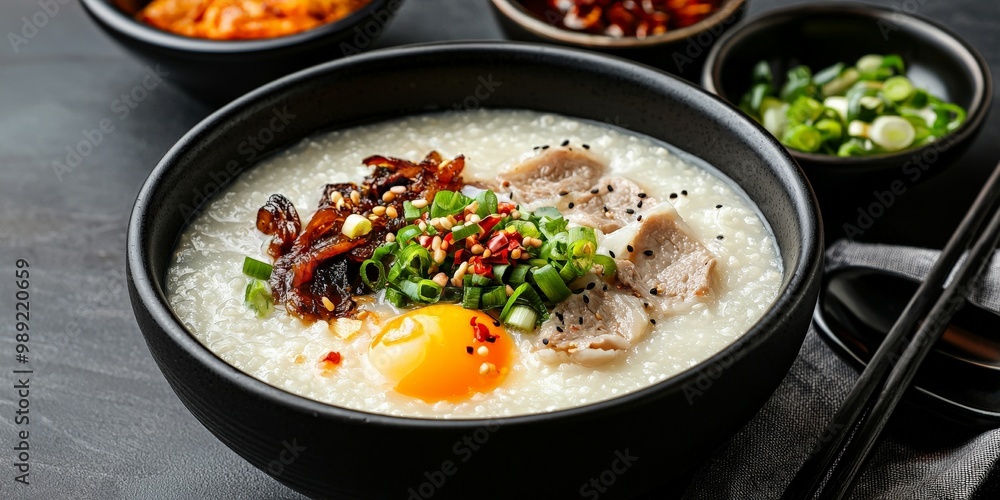 A cozy bowl of Chinese congee with preserved egg, pork, and scallions, served with traditional condiments on the side A cozy bowl of Chinese congee with preserved egg, pork, and scallions, served with traditional condiments on the side