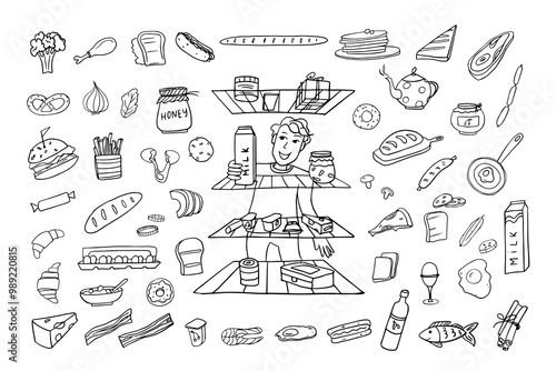 Set of food and drinks. Healthy food and fast food ingredients in doodle style with lettering in vector. Great for menu design, banners, sites, packaging. Hand drawn