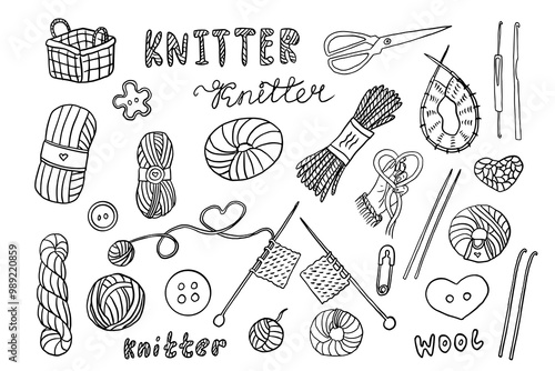 Set of needlework in doodle style. Knitting, knitting needles, knitting needles, buttons, scissors, knitter, yarn, icon, pin, crochet hook. Hand drawn