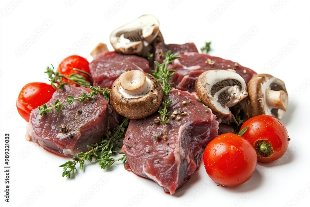 Fresh meat cuts with mushrooms, cherry tomatoes, and thyme for culinary use. Fresh meat cuts with mushrooms, cherry tomatoes, and thyme for culinary use.