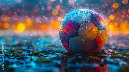 Wet Soccer Ball 3D Illustration - Rain, Night, Bokeh