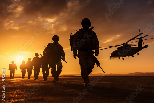 Generated with ai image of armored soldiers during a military operation fighting for freedom at morning sunrise photo