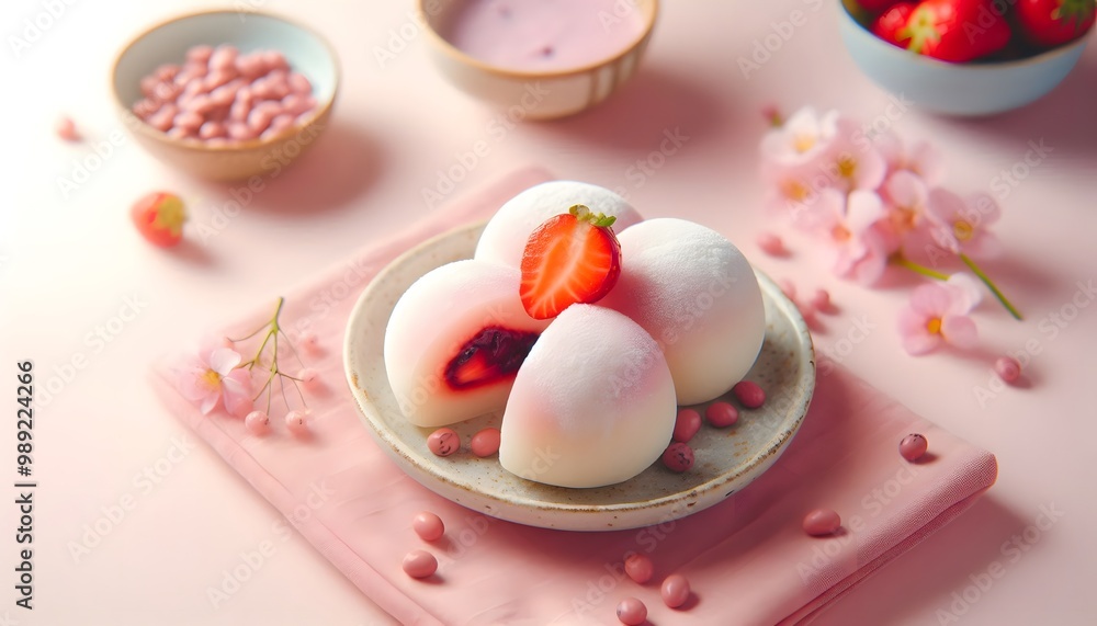 Japanese Strawberry Mochi Dessert on Pink Background Japanese Strawberry Mochi Dessert on Pink Background