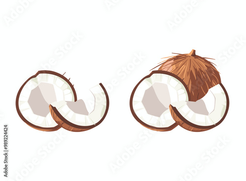 Half and Piece of Fresh Natural Coconut Isolated on White Background