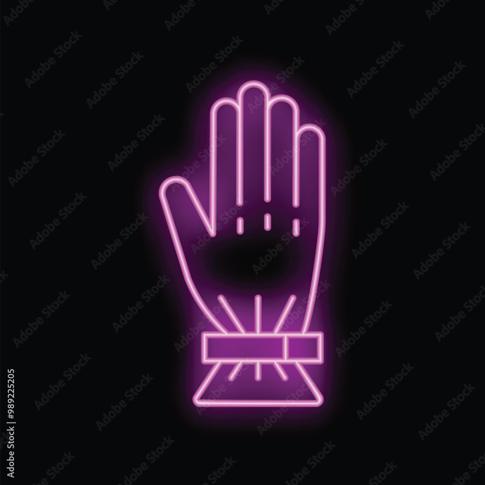 Obraz premium Glowing neon sign showing a hand wearing a smart watch on black background