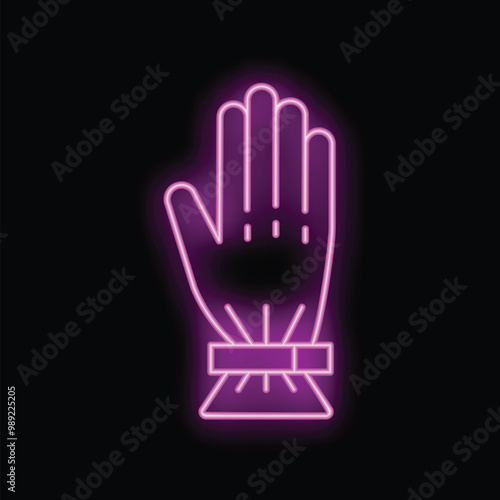 Glowing neon sign showing a hand wearing a smart watch on black background