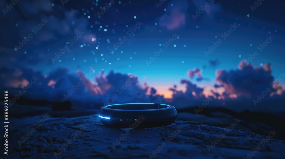 A glowing ring sits on a rocky surface, surrounded by clouds and a starry night sky. A glowing ring sits on a rocky surface, surrounded by clouds and a starry night sky.