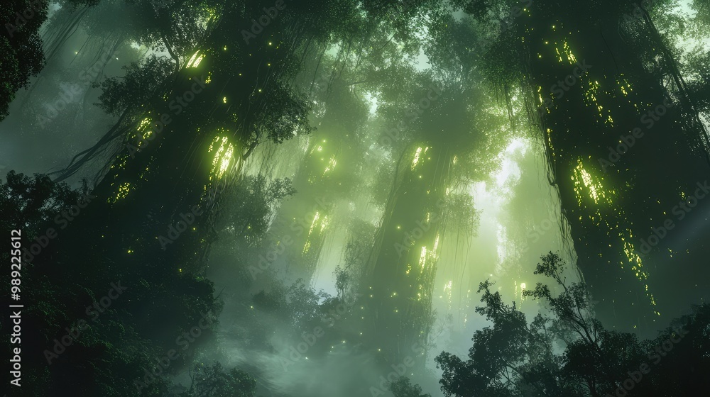 Obraz premium A vast alien jungle where towering trees with glowing trunks rise high above the dense, misty undergrowth.